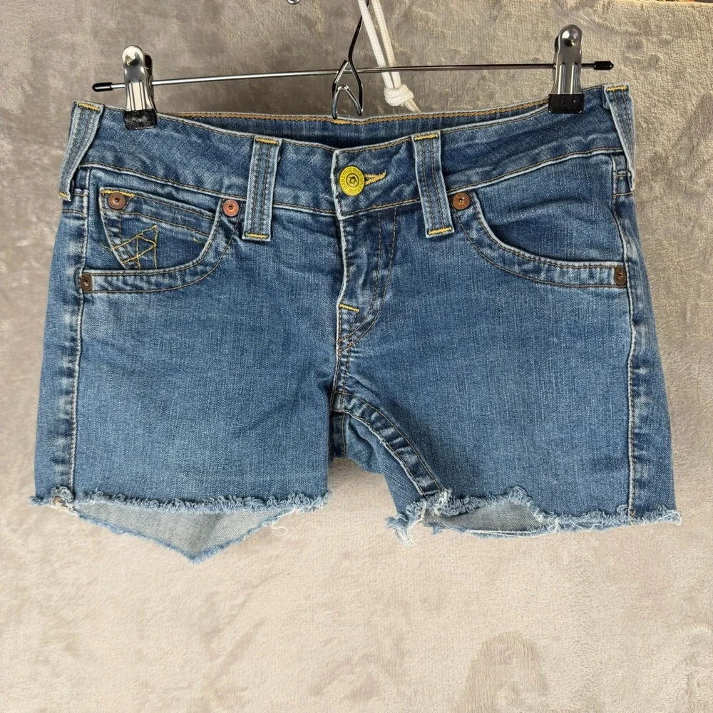 True Religion Womens Low Rise Denim Cut Off Shorts Blue Horseshoe‎ Size 29